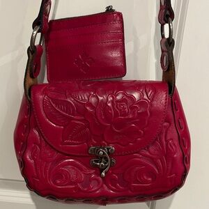 Red Embossed Leather Shoulder Bag & Wallet